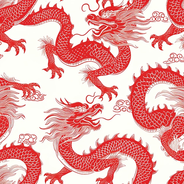 Handgetekende rode Chinese draakpatroon voor de Chinese nieuwjaarsviering v 6 Job ID dbddcaf266844083a4caf2219e9a84bc