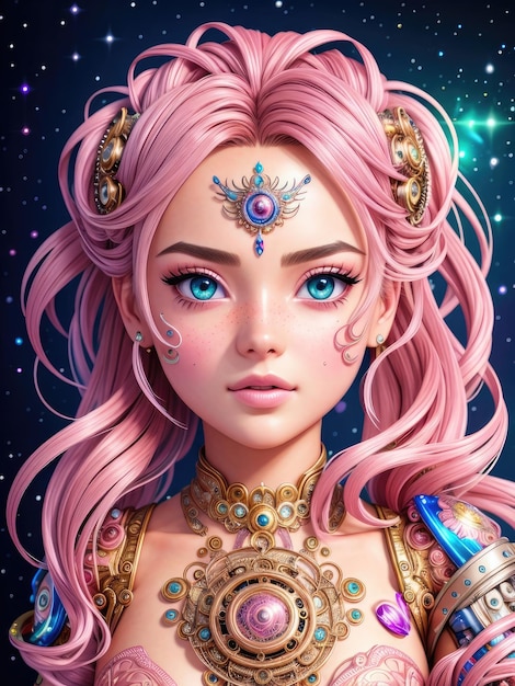 Handgetekende ruimte prinses met roze haar