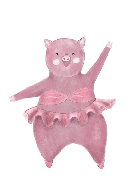 handgetekende schattige cartoon roze ballerina varken, grappige dansende varkenstekening