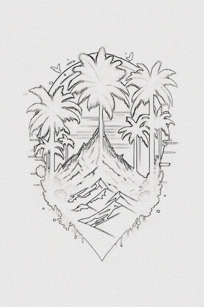 Foto handgetekende schets van zonsondergang berg en palmboom illustratie voor t-shirt ontwerp
