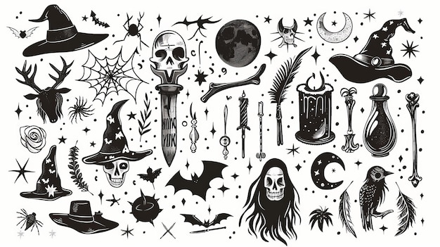 Handgetekende schetsen goochelaar set hekserij symbolen Perfect voor tatoeages textielkaarten mysterie boeken en meer