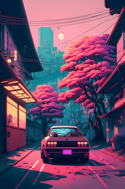 Handgetekende synthwave Japan illustratie