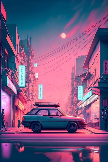 Handgetekende synthwave Japan illustratie