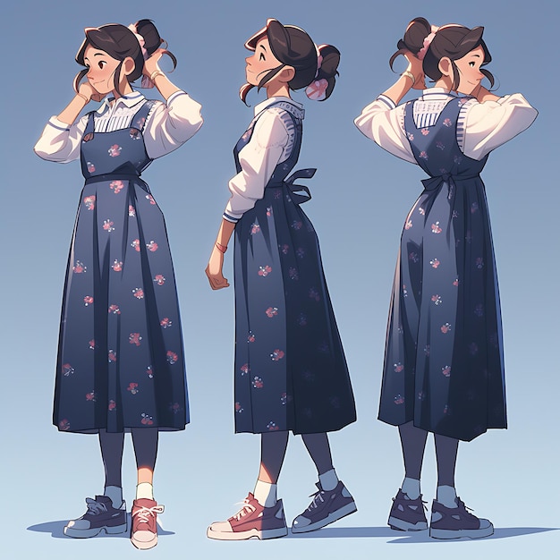 Handgetekende vrouwelijke hoge retro geïnspireerde outfit met polka dots en pigtai anime illustratie creatief