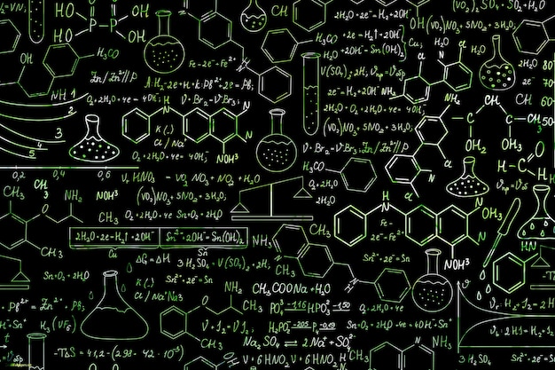 Handgetekende wetenschappelijke formules op schoolbord voor achtergrond