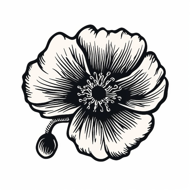 Handgetekende zwart-witte papaverbloem vector vintage geïnspireerde sticker art