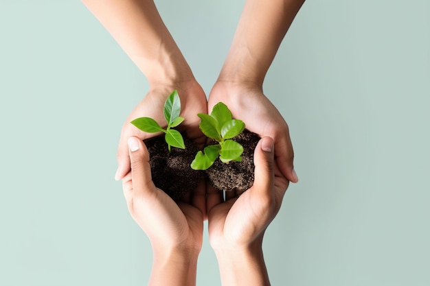 Handgreep plant redt het milieu campagne geïsoleerd op groene pastel achtergrond