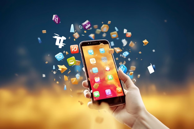 Handgrepen de smartphone stevig vast een levendige achtergrond van kleurrijke cirkels tonen de mogelijkheden van door Ai gegenereerde sociale media-apps
