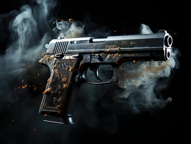 Handgun smoke on a black background in the style of hard edge painter