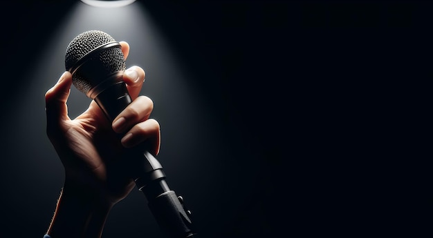 Handheld microphone with stage lighting background banner has space for typing text