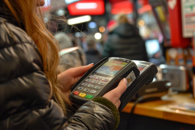 Photo handheld payment device in use at a retail checkout