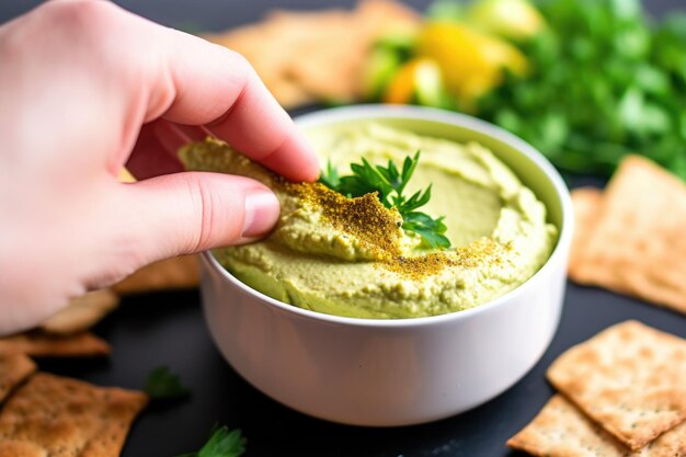 Photo handheld shot showing a serving of homemade hummus dip