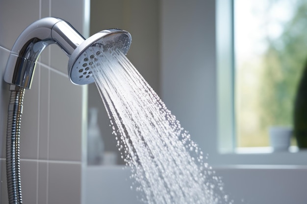 Handheld shower head spraying water in a spotless tub