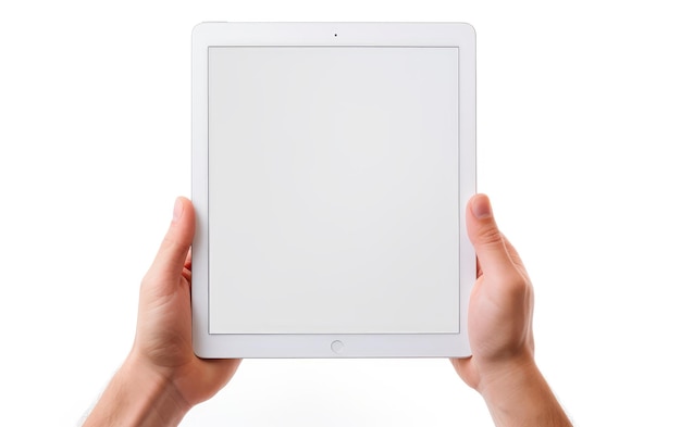 白いまたは透明な表面のPNG透明な背景のタブレットを抱きしめるハンドヘルドテクマン