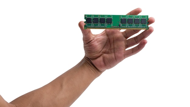 Handholding computer RAM memory isolated white background