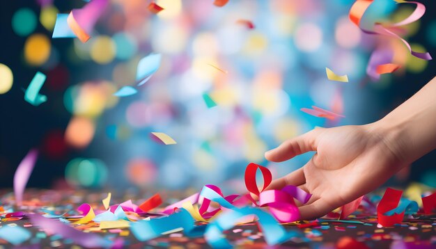 Handhoudend confetti en kleurrijke gesneden papieren streamer als feestdecoratie Generatieve AI