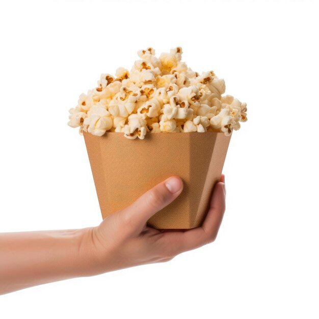 Handhoudende emmer popcorn geïsoleerd op witte achtergrond