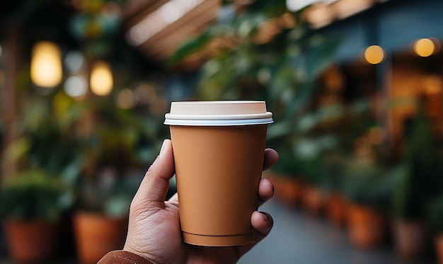 Foto handhoudende papieren koffiebeker gegenereerd door ai