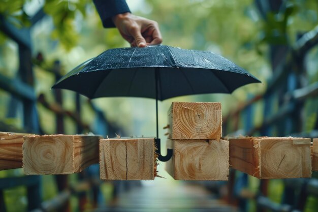 Foto handhoudende paraplu overbrugt de kloof tussen houten blokken veilige oversteek