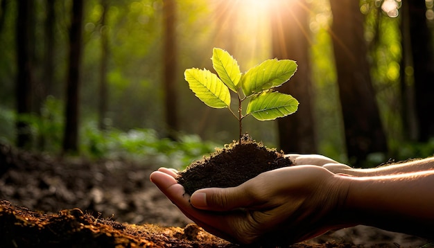 Handhoudende plant in de bodem als symbool van ecologische zorg Bosbeschermingsconcept met natuurback