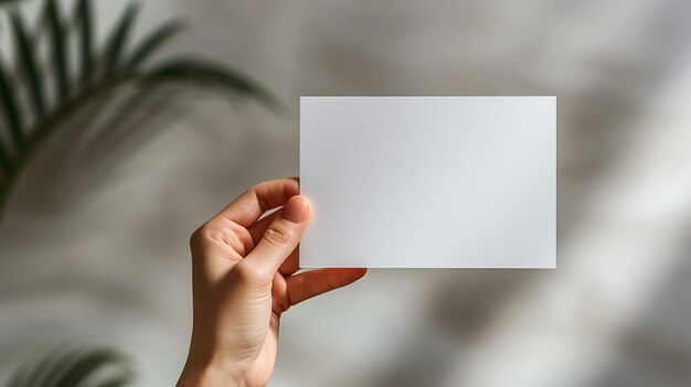 Foto handhoudende rechthoekige blanke witte papieren bordkaart voor reclame mockup kopieerruimte voor tekst minimalistische esthetiek