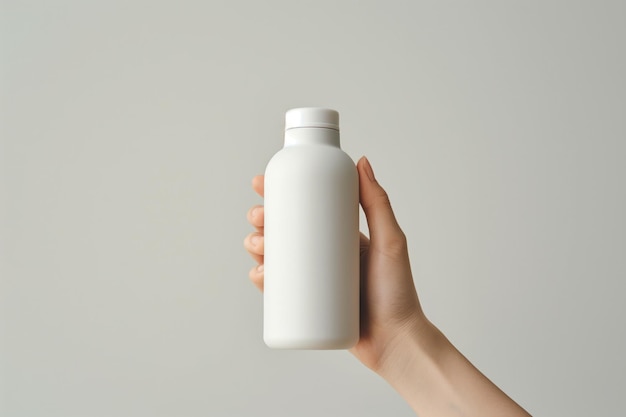 handhoudende witte fles voor geneeskunde mockup grijze pastel achtergrond handheld luchtbeeld