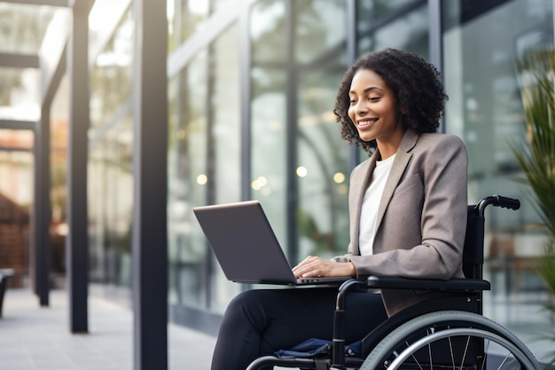 Handicap disability a woman professional employee wheelchair working on her laptop outside mobility