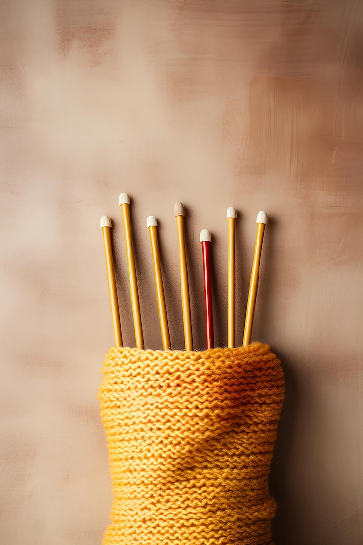 Photo handicraft background with knitting needles free space