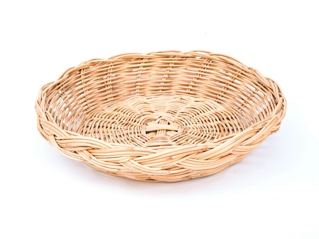 Handicraft of empty circle woven bamboo basket isolated on white space