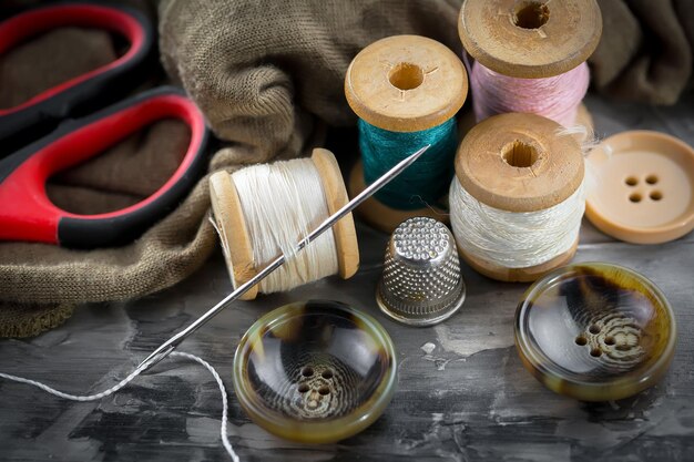 Handicraft items threads sewing needles