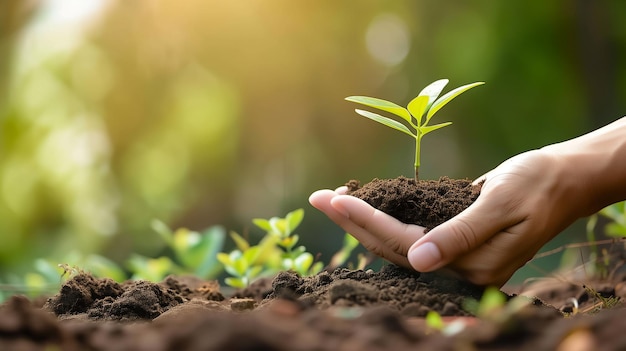 handig knuffelen van de bodem en een ontkiemende plant op groene bure achtergrond generatieve ai