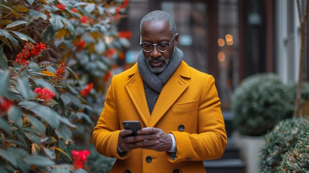 Handige Afro-Amerikaanse man in gele jas en bril die mobiele telefoon gebruikt Generatieve AI