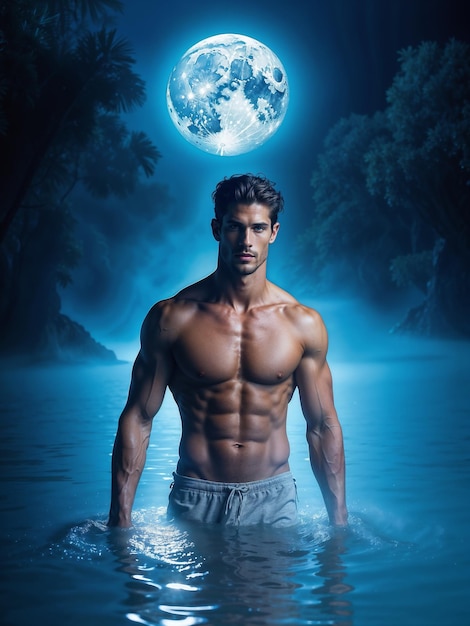 Handige atletische man loopt in het water van het maanlicht