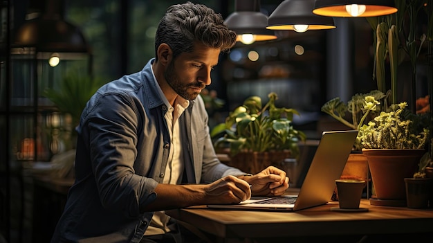 Handige blanke man die aan een laptop werkt terwijl hij achter een bureau in de woonkamer zit Freelancer mannelijke professional die een belangrijke e-mail schrijft vanuit huis