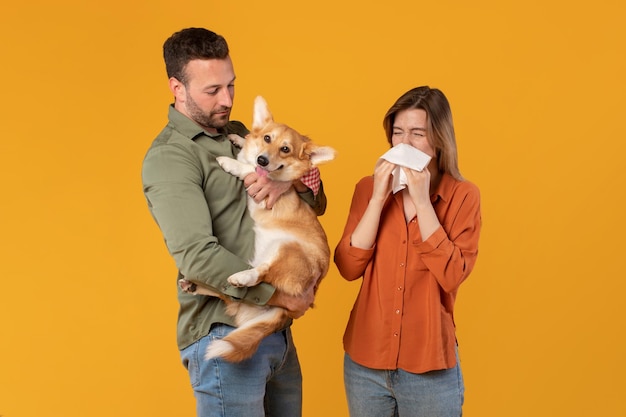 Handige Europese man die een schattige corgi hond vasthoudt bij vrouw die niezen in weefsel lijdt aan huisdieren