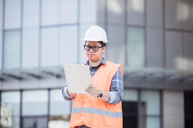 Handige ingenieur met een veiligheidsvest en een witte helm op de achtergrond van het gebouw Ingenieur die een tablet gebruikt om de bouw van een modern gebouw te controleren kopieer ruimte voor tekst