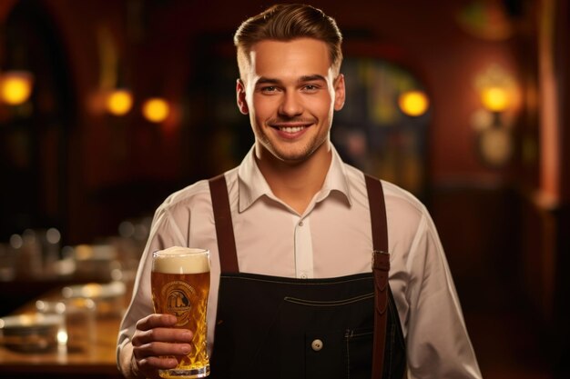 Foto handige jonge man in een schort met een glas bier in een pub ober oktoberfest