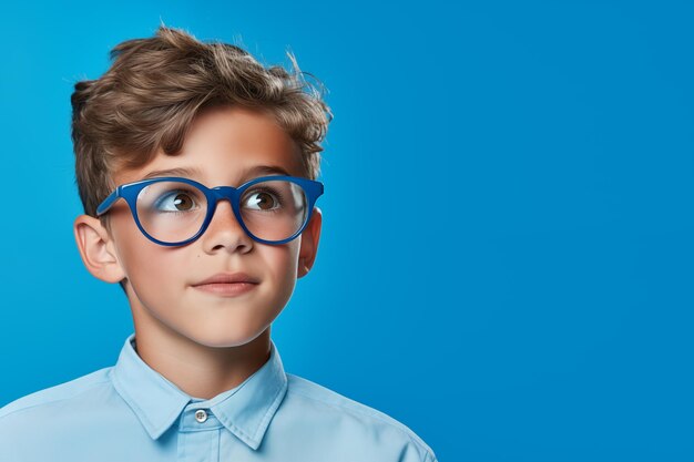 Handige kleine model jongen met een bril die naar boven kijkt en naar rechts op een solide blauwe achtergrond