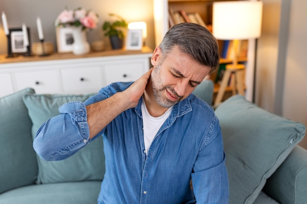 Handige man die zijn nek aanraakt lijdt aan nekpijn ischias zittende levensstijl concept gezondheidsproblemen van de nek gezondheidszorgverzekering