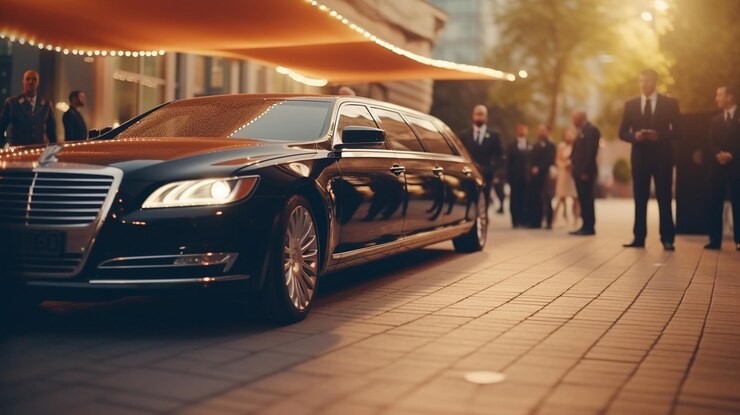 Handige man in pak en zonnebril op de rode tapijt op een luxe autoshow