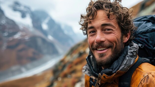 Handige man, wandelaar, selfie op de berg.