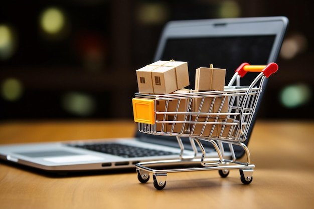 Handige online winkelervaring met Arafed Laptop Shopping Cart en Boxes Stock Image