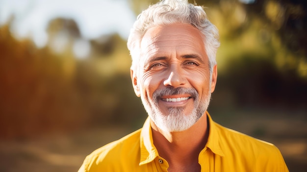 Handige oudere elegante Latino met grijs haar op een gele achtergrond banner actieve ouderdom