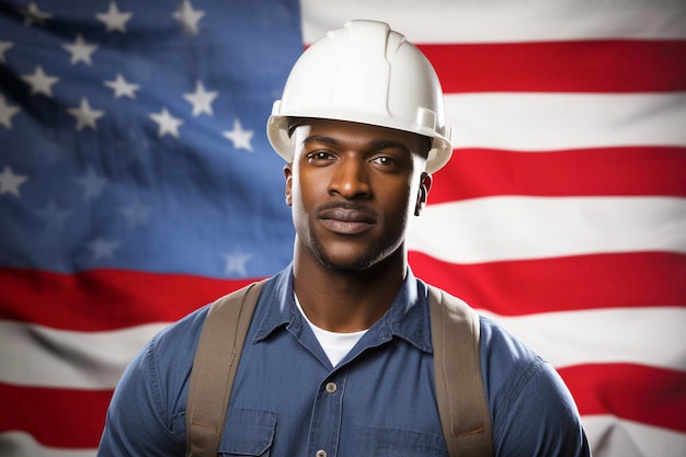 Foto handige professionele afro-amerikaanse bouwvakker met een veiligheidshelm tegen de amerikaanse vlag