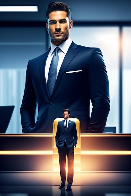Handige realistische man in een zakenpak in kantoor achtergrond