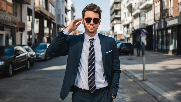 Handige zakenman in formele kleren die op straat poseert in een zonnebril.