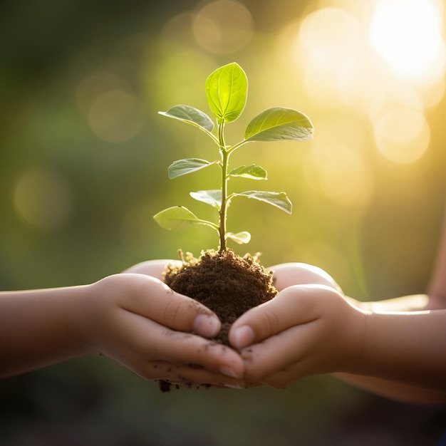 Handkinderen die jonge plant met zonlicht op het gras vasthouden