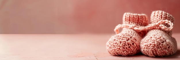 Handknit baby booties on pink background Expecting a new arrival