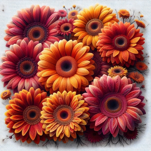 Handknitted artwork featuring a lively gerbera flower pattern