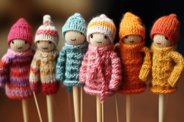 Handknitted doll clothes on a wooden knitting needle created with generative ai